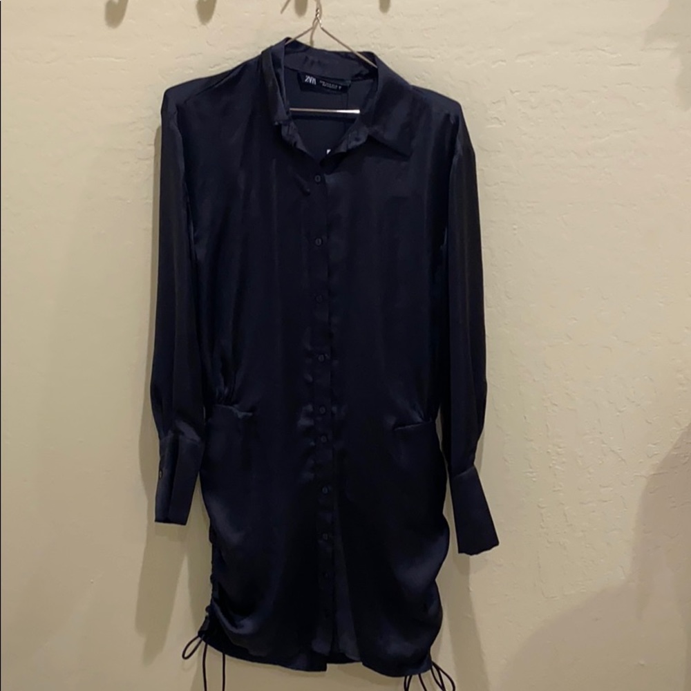 Zara NWT satin shirt dress with side ruching